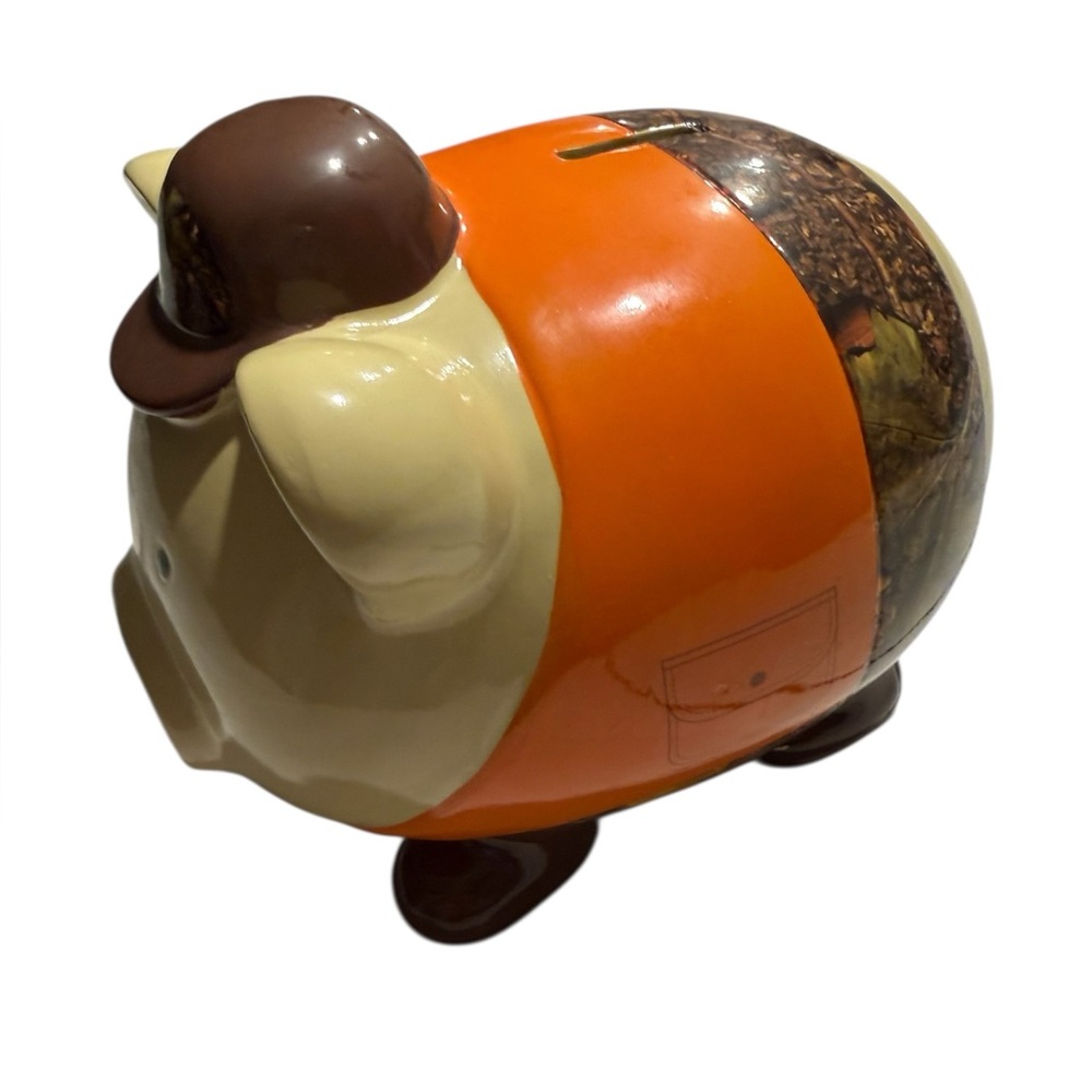 Large Piggy Bank with Mossy Oak Camo Hat and Orange and Camo Clothing. F.A.B. NY - Picture 3 of 13